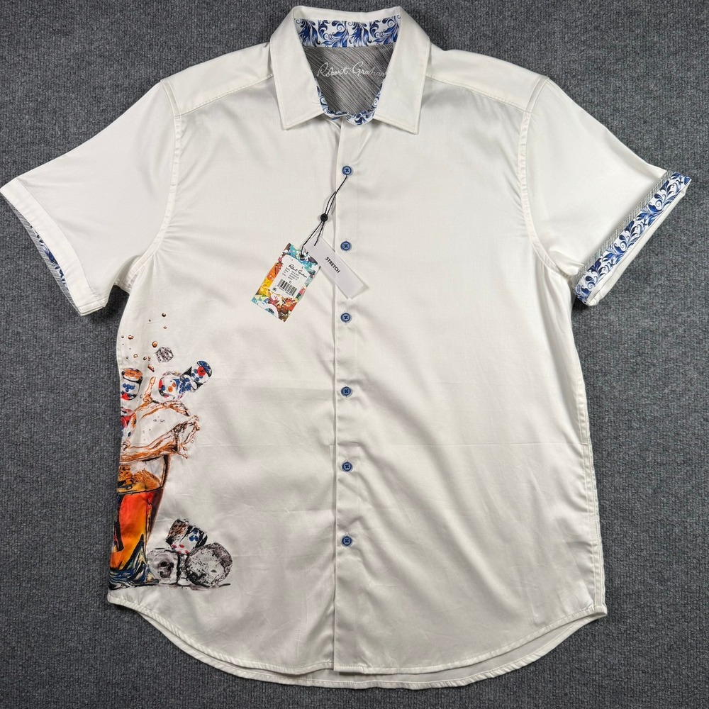 Robert Graham Shirt Mens XL White Ice & Dice Short Sleeve Stretch Button Down